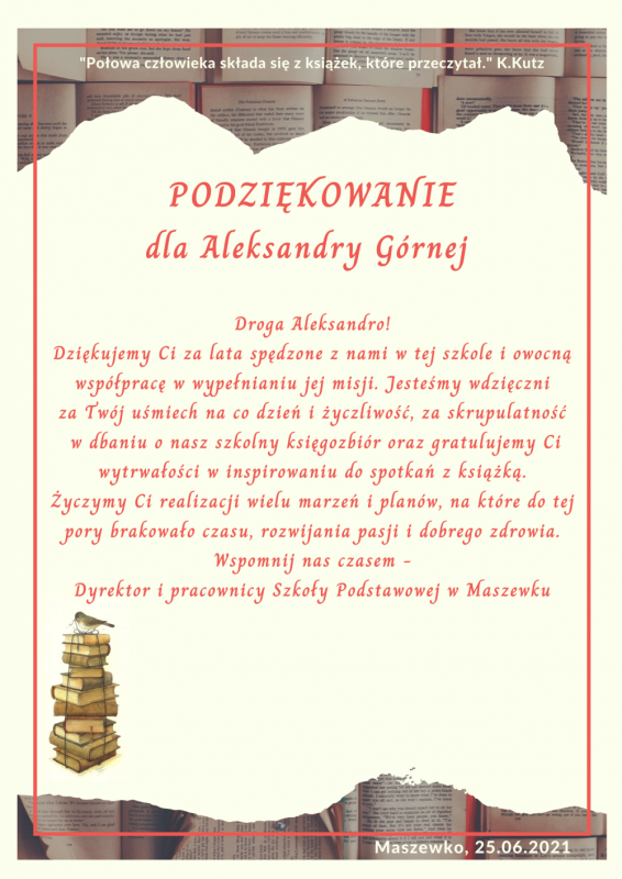 Grafika #0: Dziękujemy pani Aleksandrze za opiekę nad naszą biblioteką szkolną i nie tylko